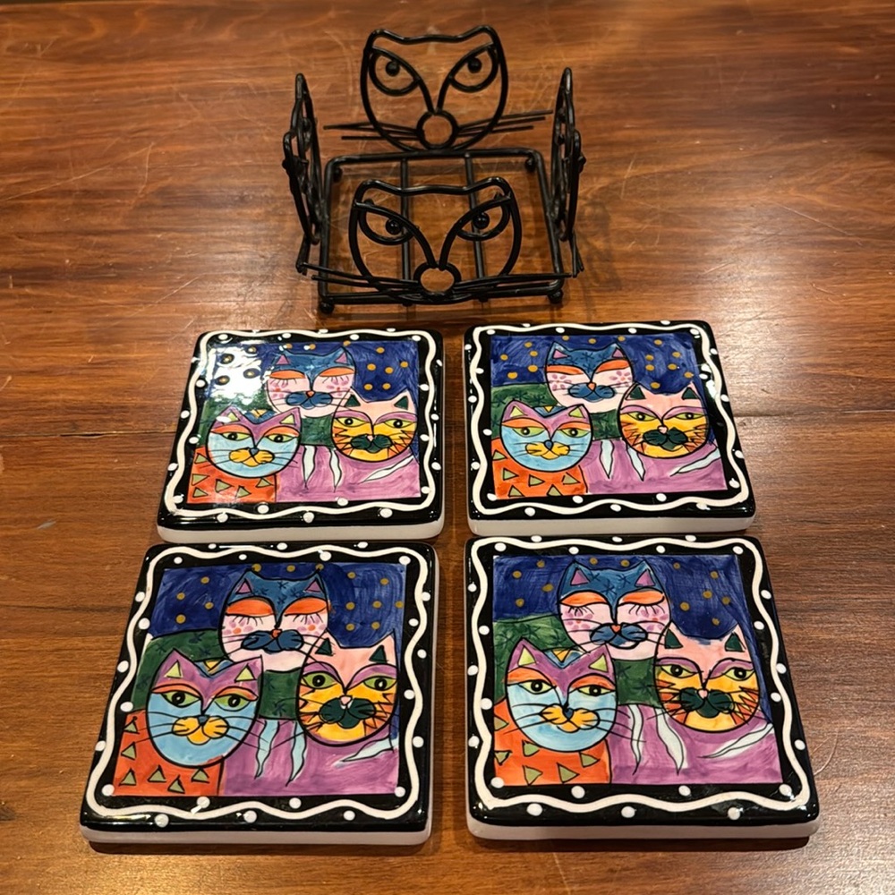 Milson & Louis Cat Hand Painted Tile Coasters Set of 4 Metal Kitty Holder EXC